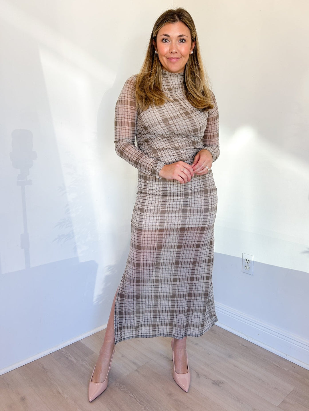 Hazel Plaid Mesh Midi Dress