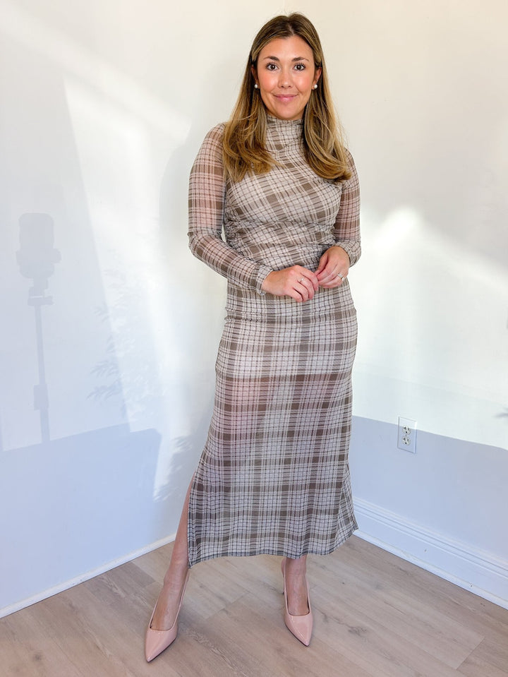 Hazel Plaid Mesh Midi Dress