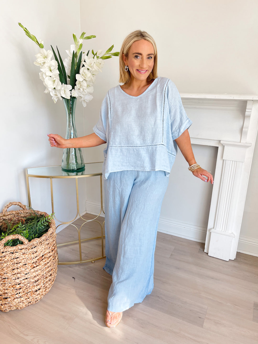 Stacey Linen V-Neck Top Sky Blue