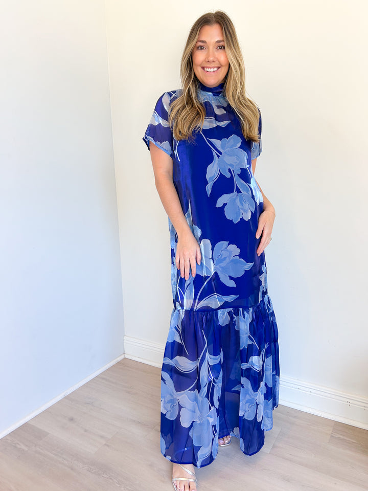 Dime Organza Mockneck Maxi Dress Navy - Blue