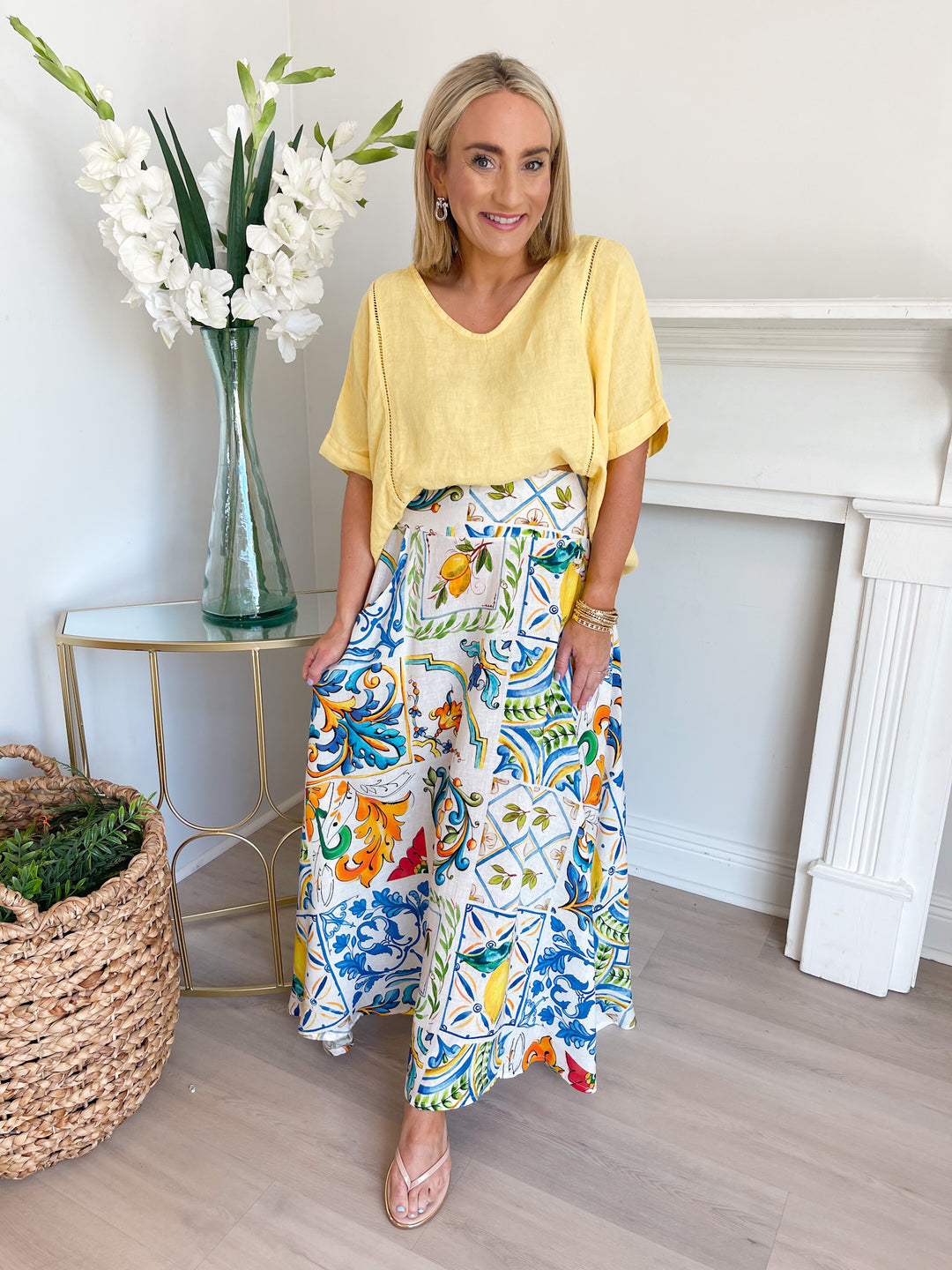 Stacey Linen V-Neck Top Yellow
