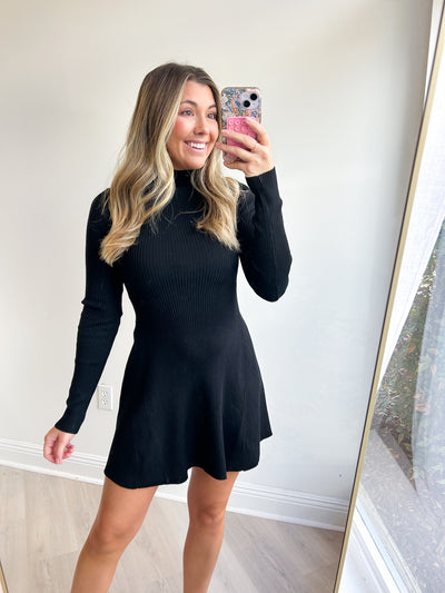 Mock Neck Flare Mini Dress Black