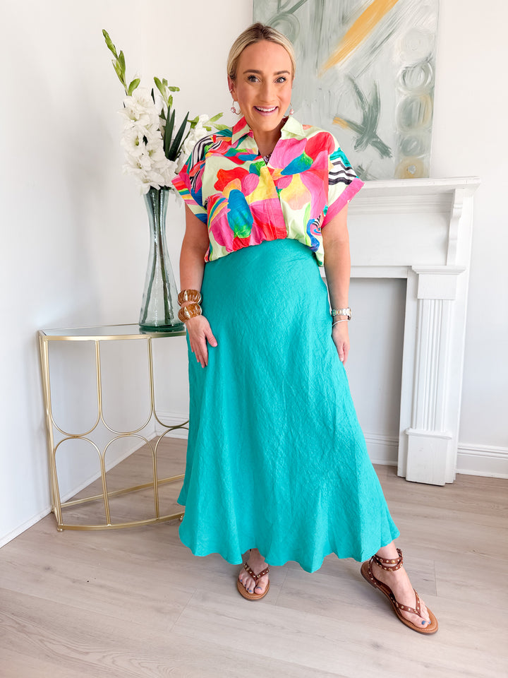 Kary Crinkle Linen Midi Skirt Capri