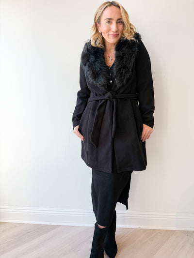 Removable Fur Collar Belted Coat