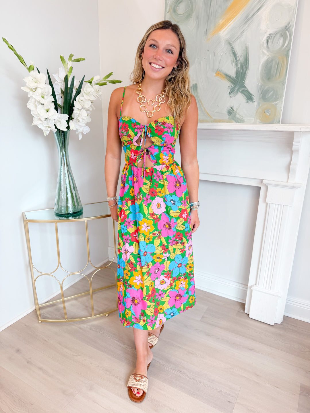 Sadie Sleeveless Front Tie Midi Dress