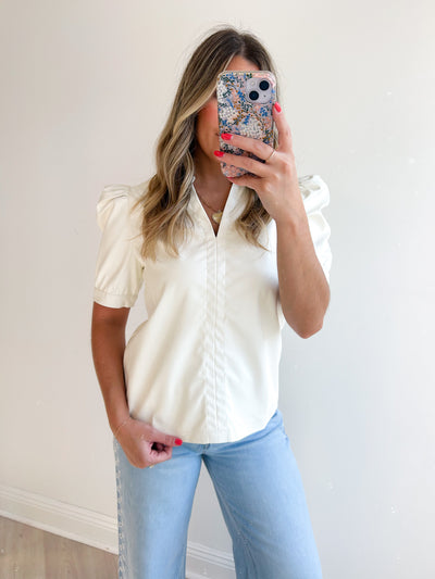 Liv Split Neck Faux Leather Top