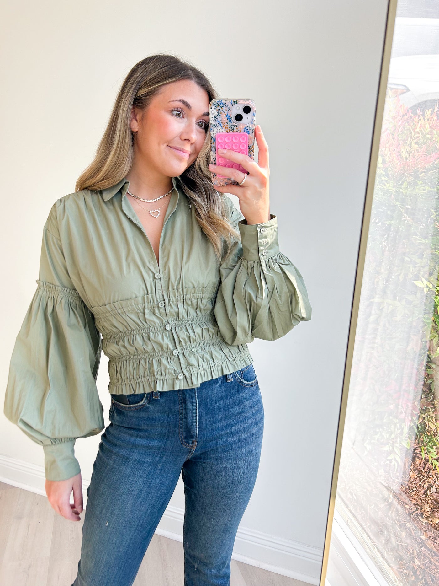 Corinne Smocked Button-Up L/Slv