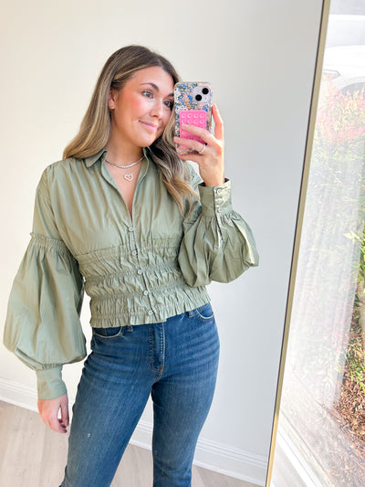 Corinne Smocked Button-Up L/Slv