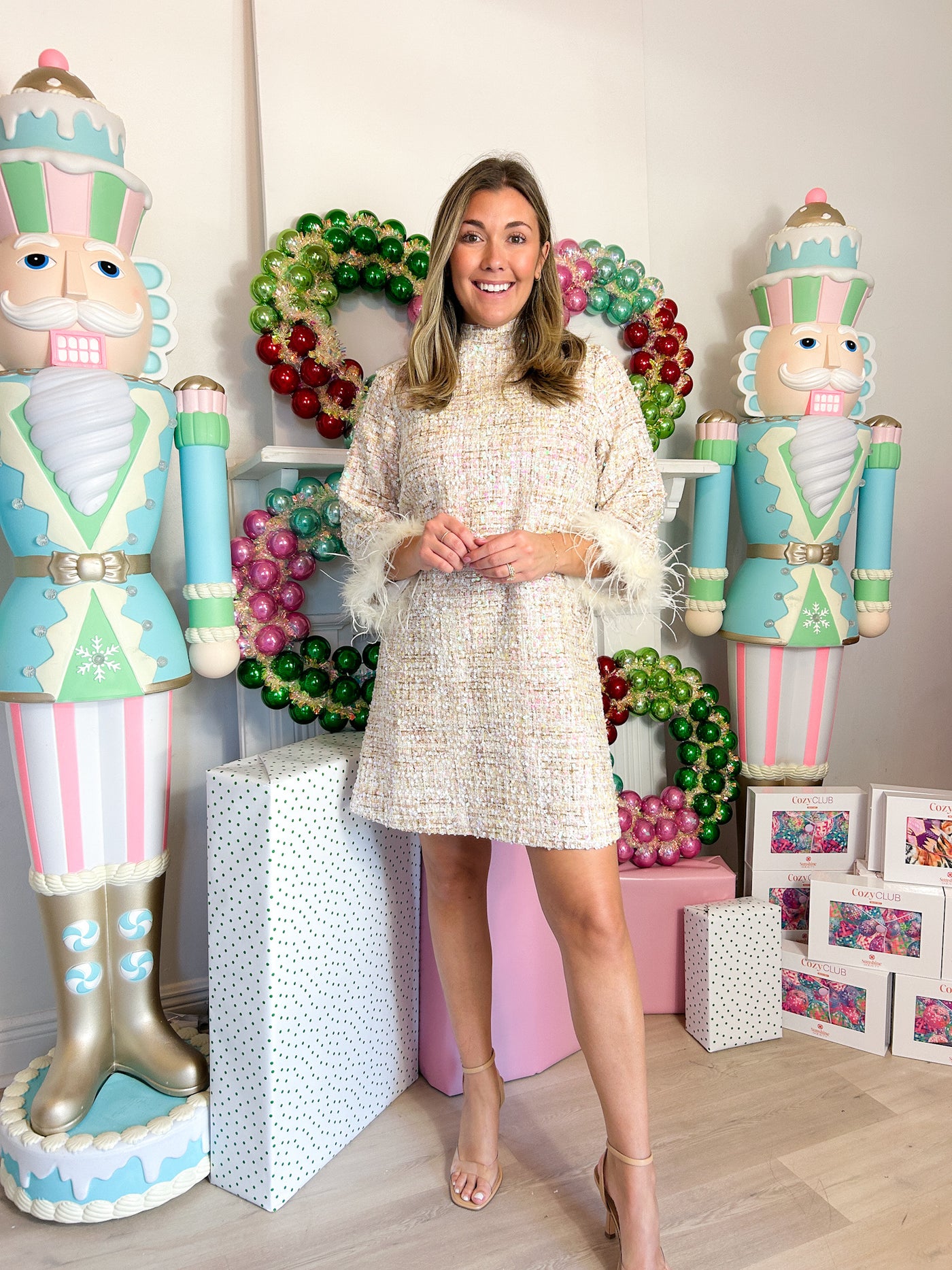 Taylor Feather Trim Sequin Tweed Dress