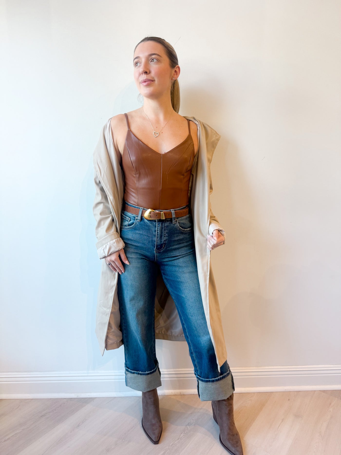 Darcy Faux Leather Bodysuit Brown