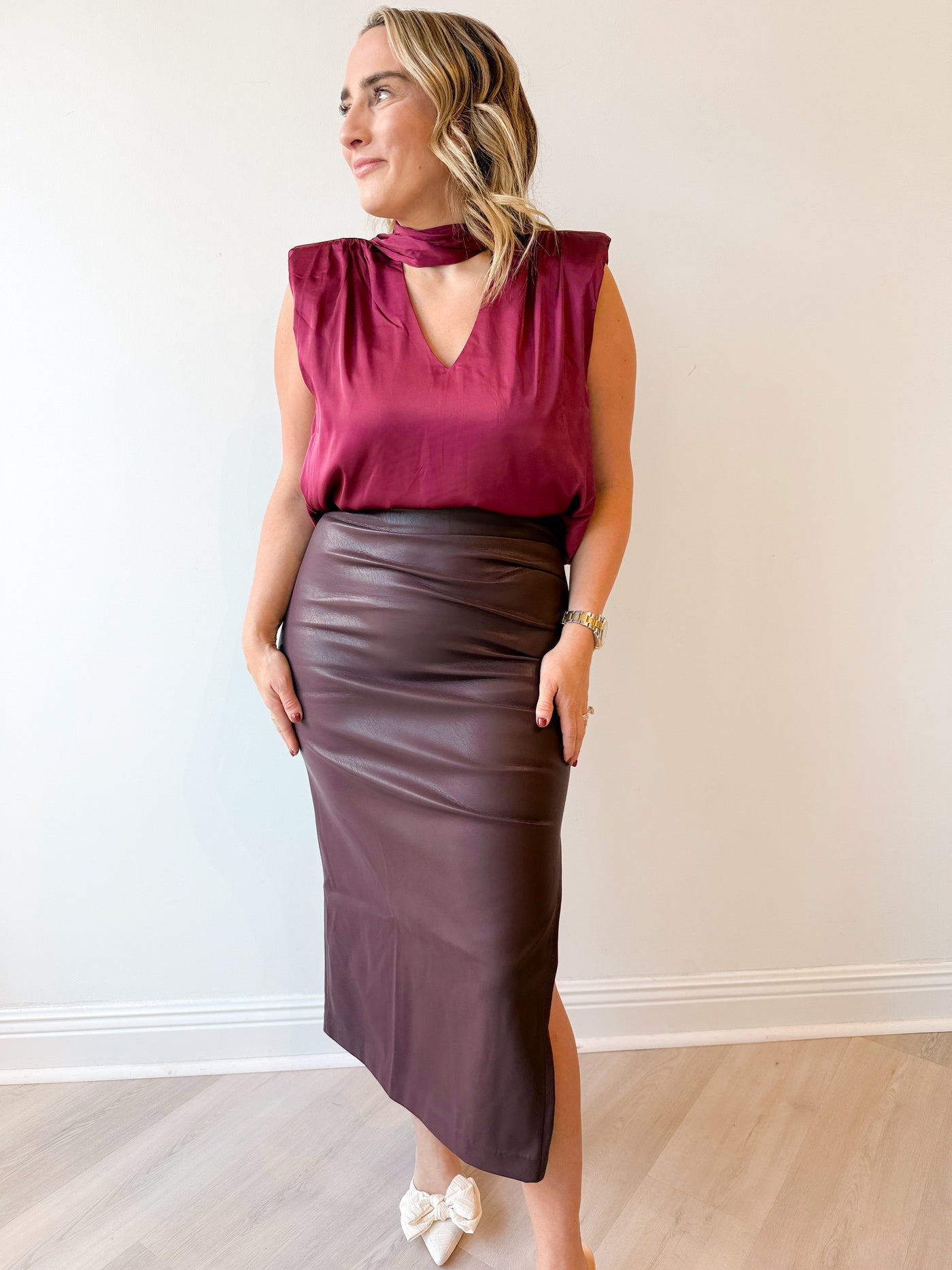 Colette Side Ruched Midi Skirt Crimson