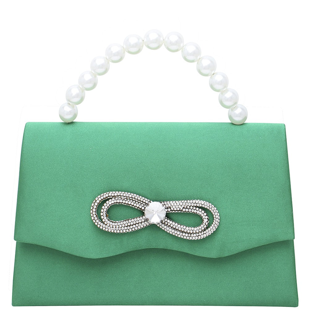 Rhinestone Bow Clutch green 8.5 x 2.5 x 9