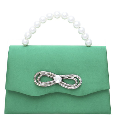 Rhinestone Bow Clutch green 8.5 x 2.5 x 9