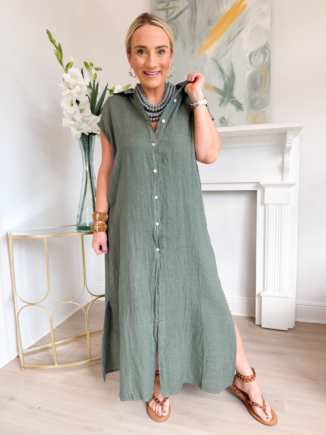 Margie Crinkle Linen Sleeveless Maxi Shirt Dress Army