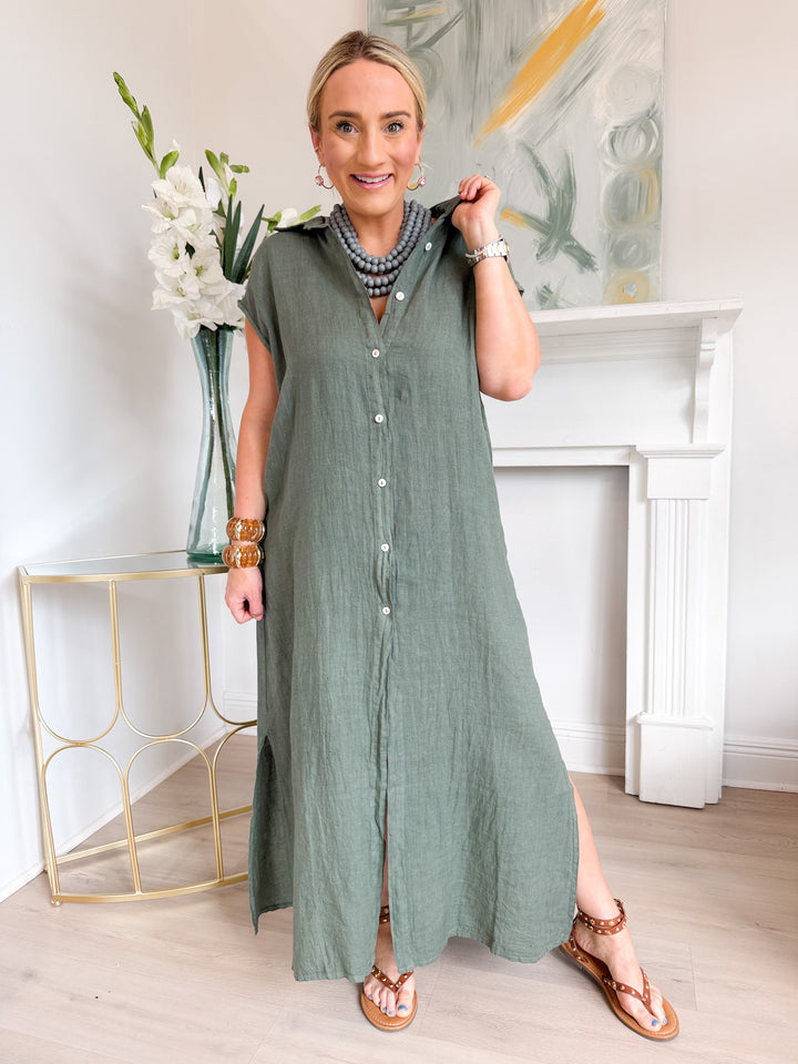 Margie Crinkle Linen Sleeveless Maxi Shirt Dress Army