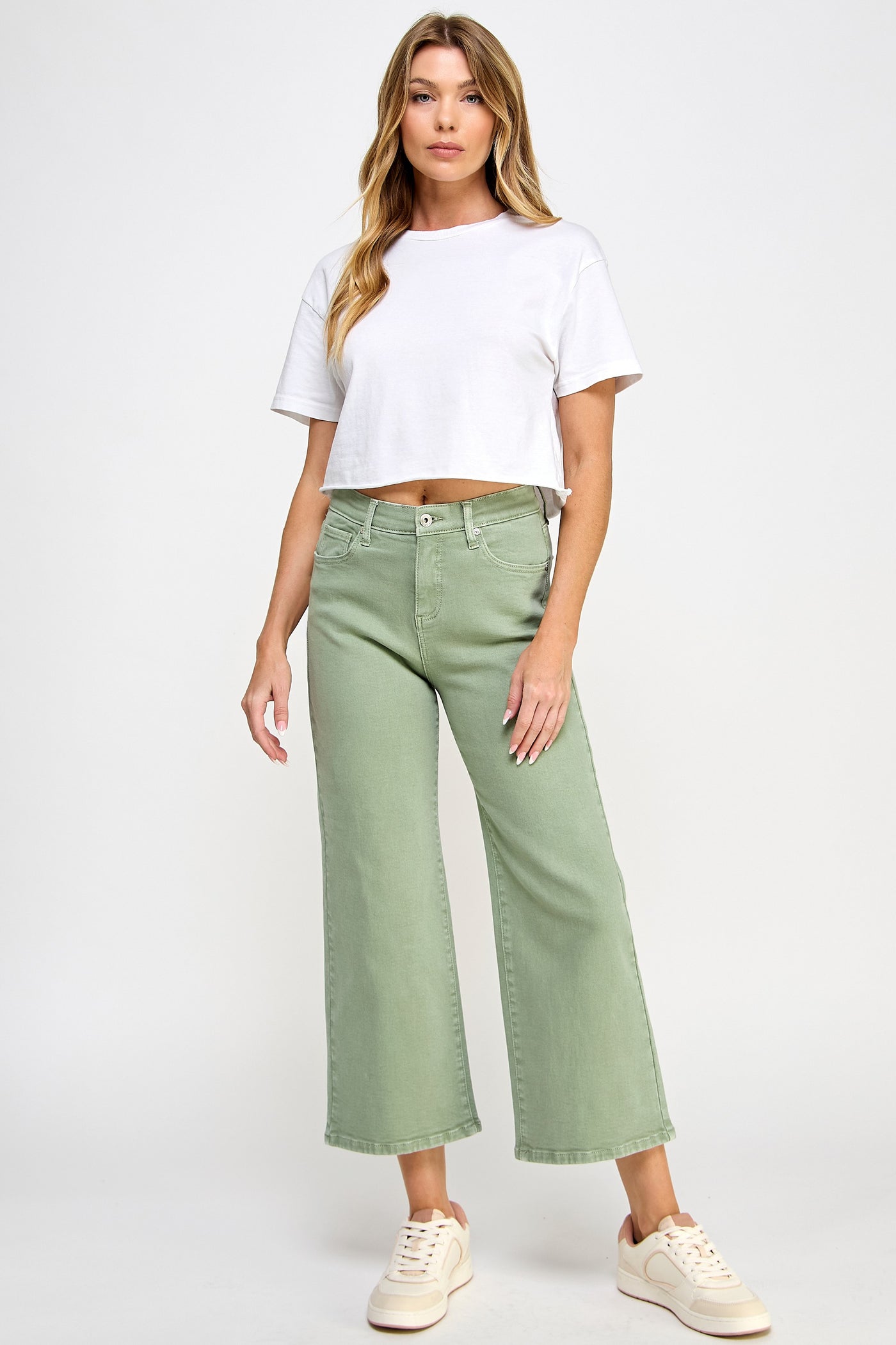 Olive Cropped Wide Leg Jeans