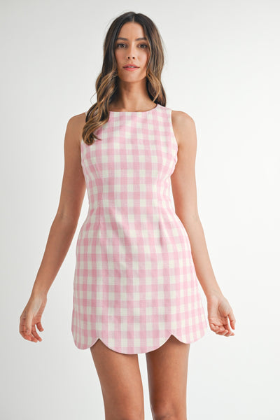 MABMD5409 Gingham Scallop Hem Mini Dress