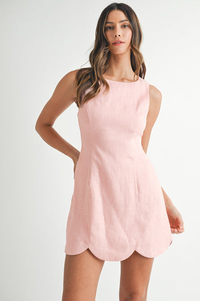 MABMD5409A Linen Scallop Hem Mini Dress