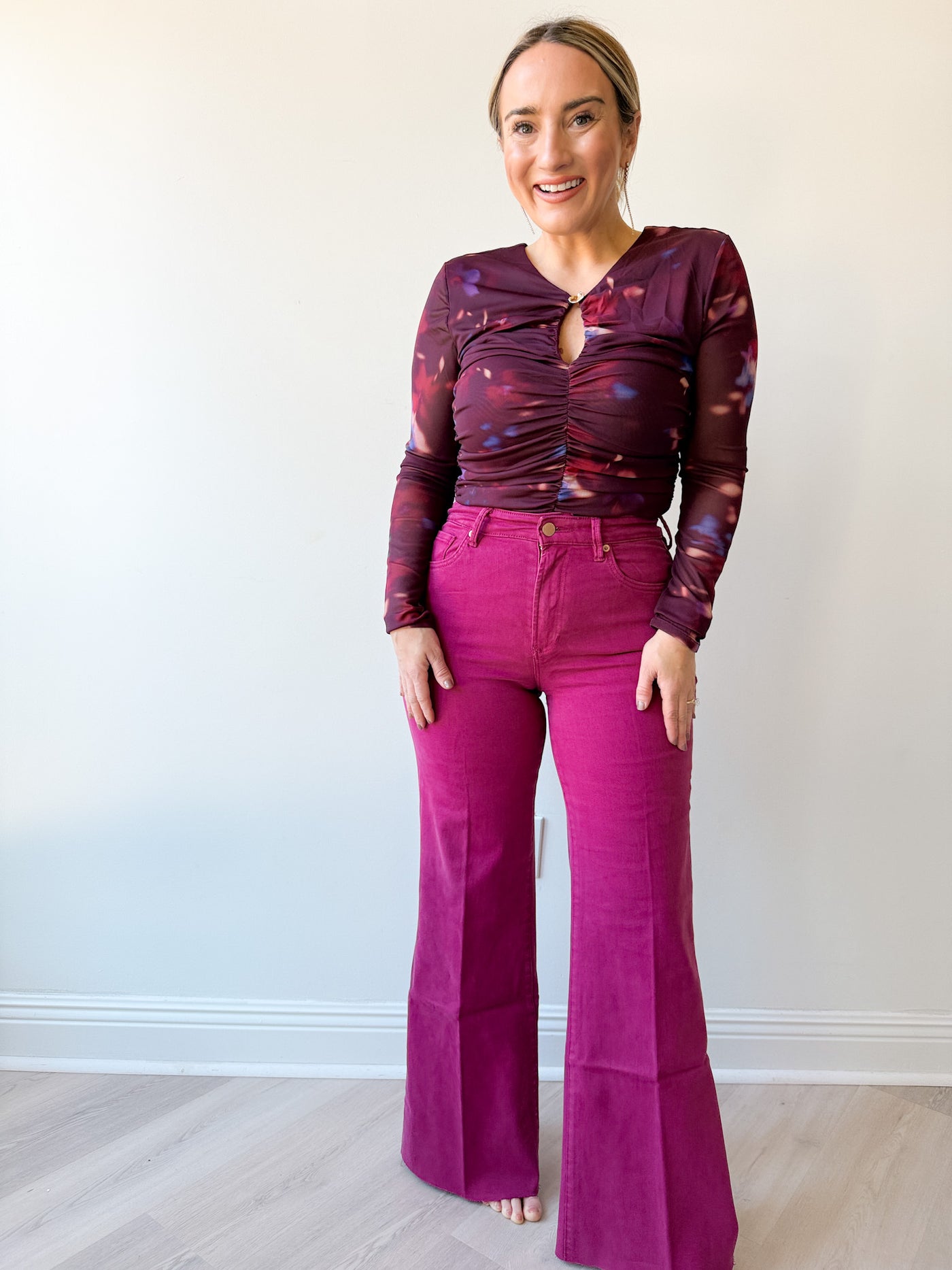 Yasmine Floral Mesh Ruched Top