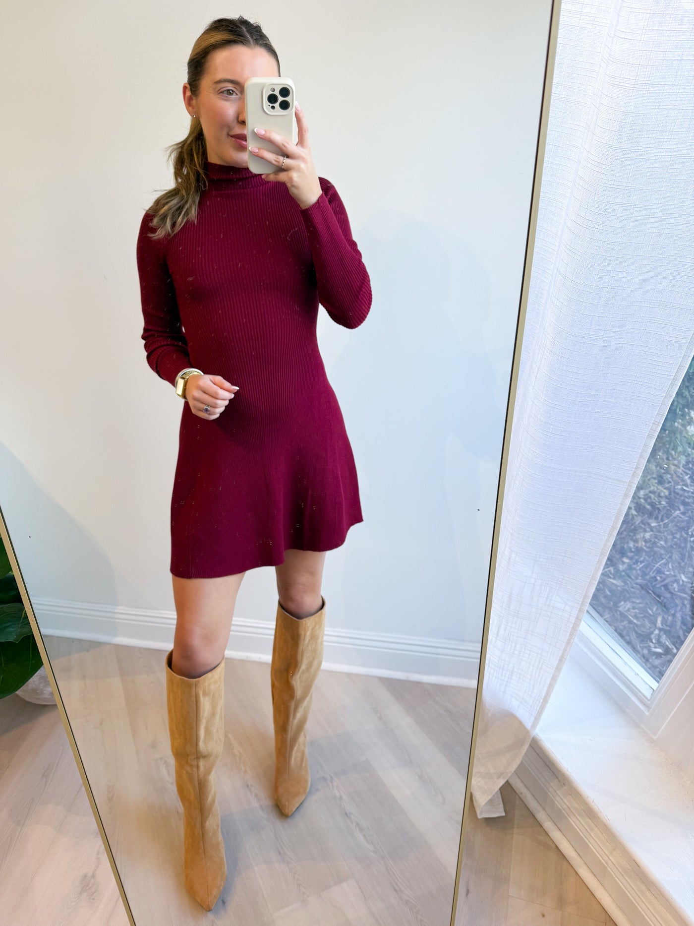 Mock Neck Flare Mini Dress BURGUNDY