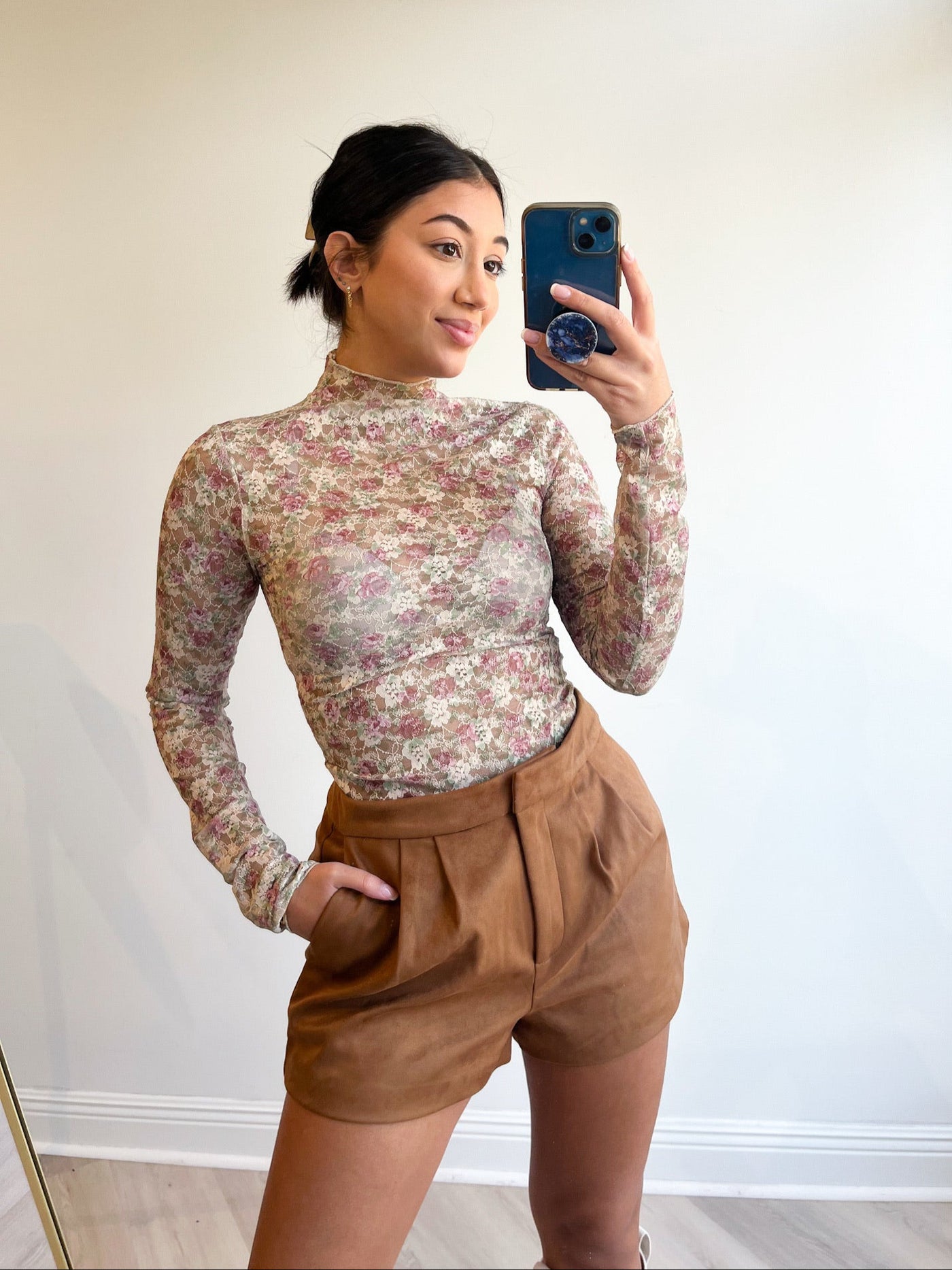 Sammy Sheer Long Sleeve Top Beige Floral