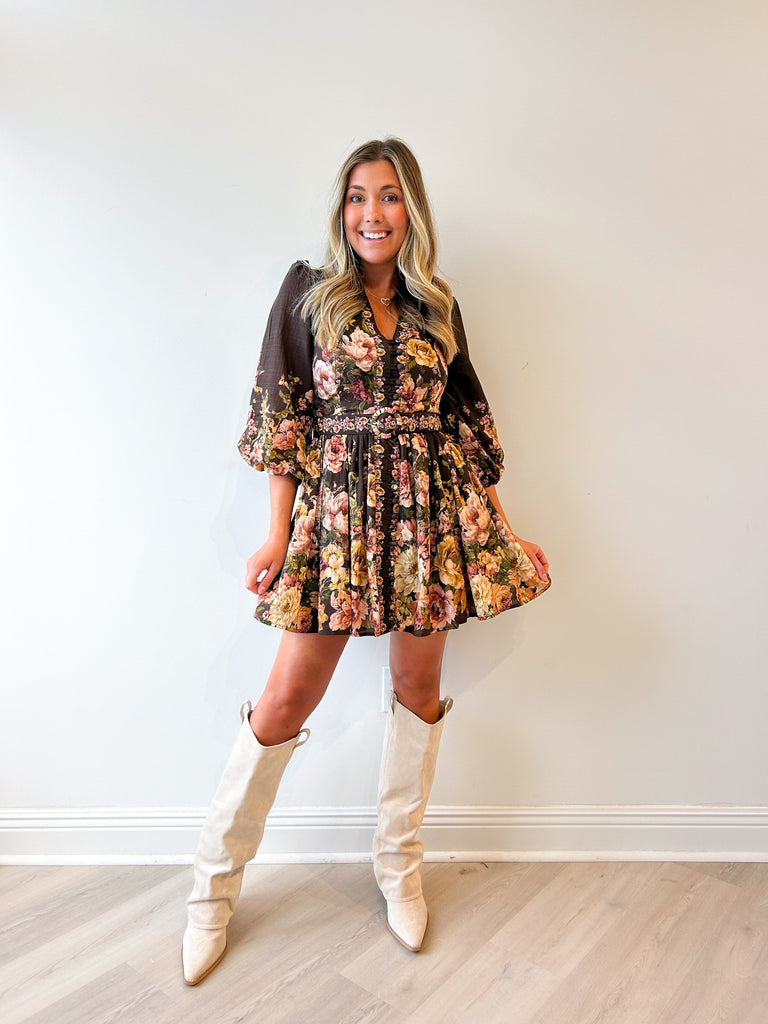 Bethani Floral Belted Mini Dress Brown / Large Bethani Floral Belted Mini Dress Brown / Large