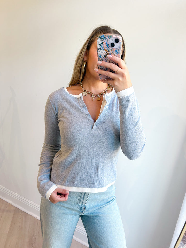 Sarah Semi Button &amp; Layered Pointelle Rib L/S Top