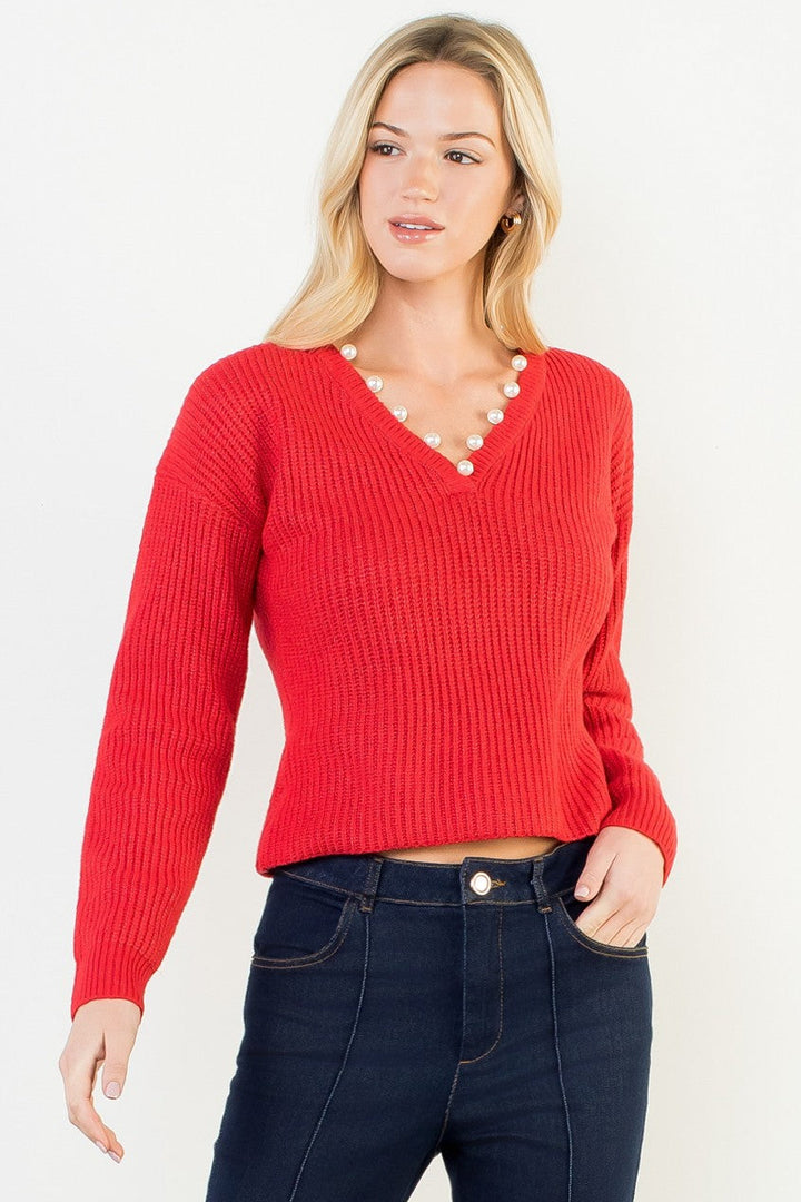 Cindy Pearl V-Neck Knitted Top