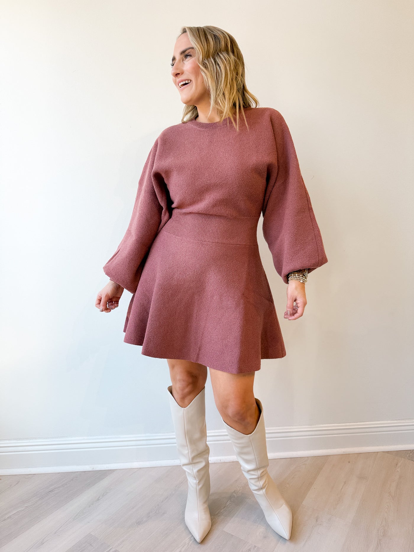 Bria Balloon Sleeve Sweater Dress Maroon