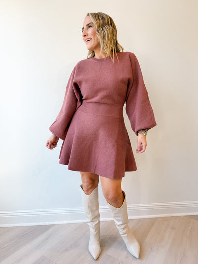 Bria Balloon Sleeve Sweater Dress Maroon