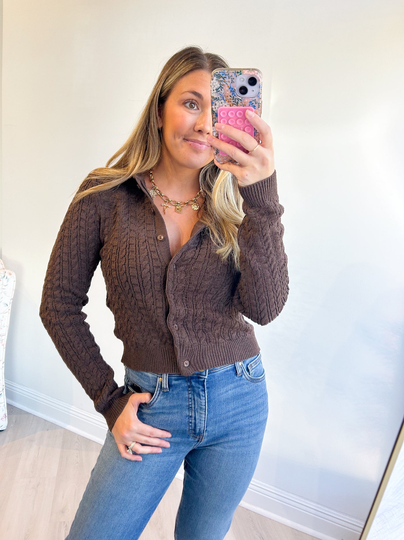 Evelyn Cable-Knit Collared Cardigan Cocoa