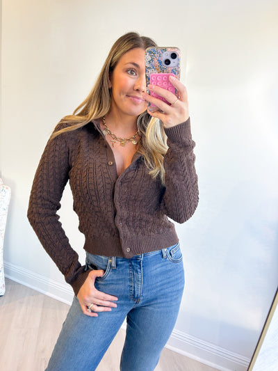 Evelyn Cable-Knit Collared Cardigan Cocoa