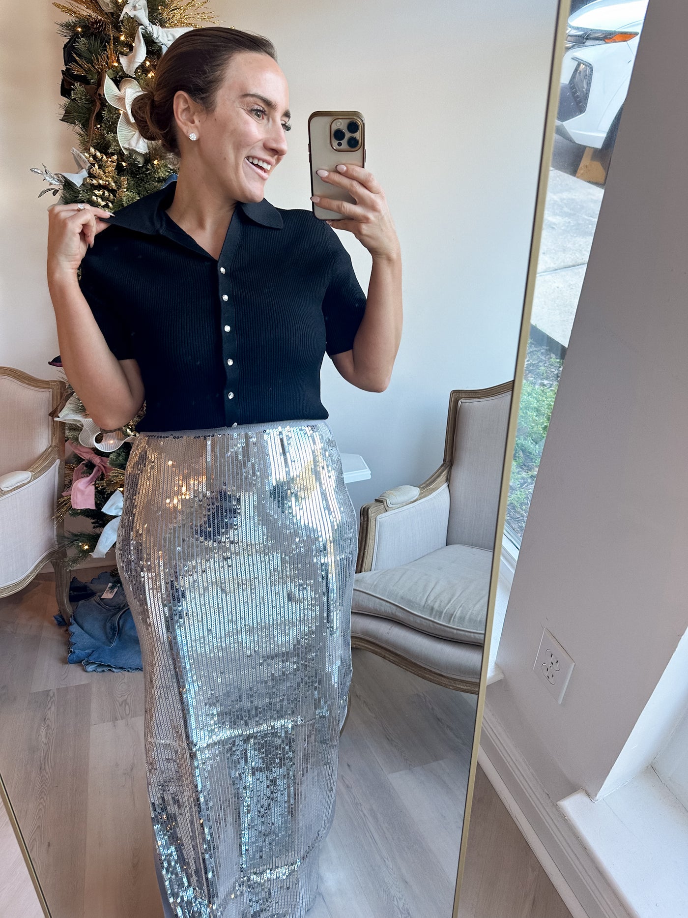 Carlie Knit Sequin Skirt silver