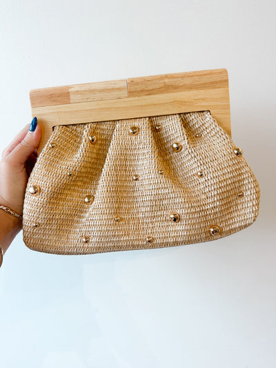 Studded Raffia Crossbody Bag natural 7.9" x 11" x 4.3"