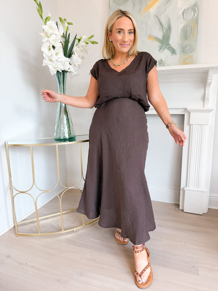 Kary Crinkle Linen Midi Skirt Chocolate