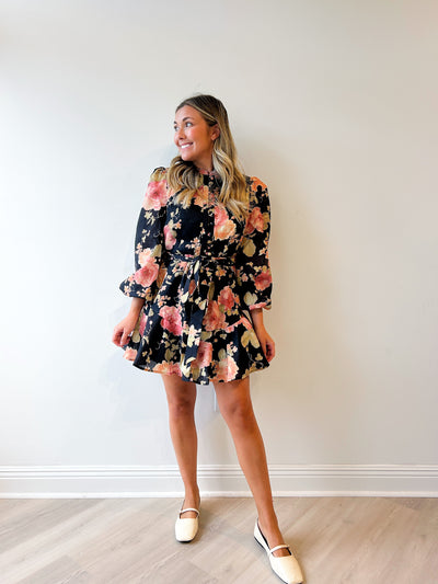 Anna Floral Button Mini Dress Black