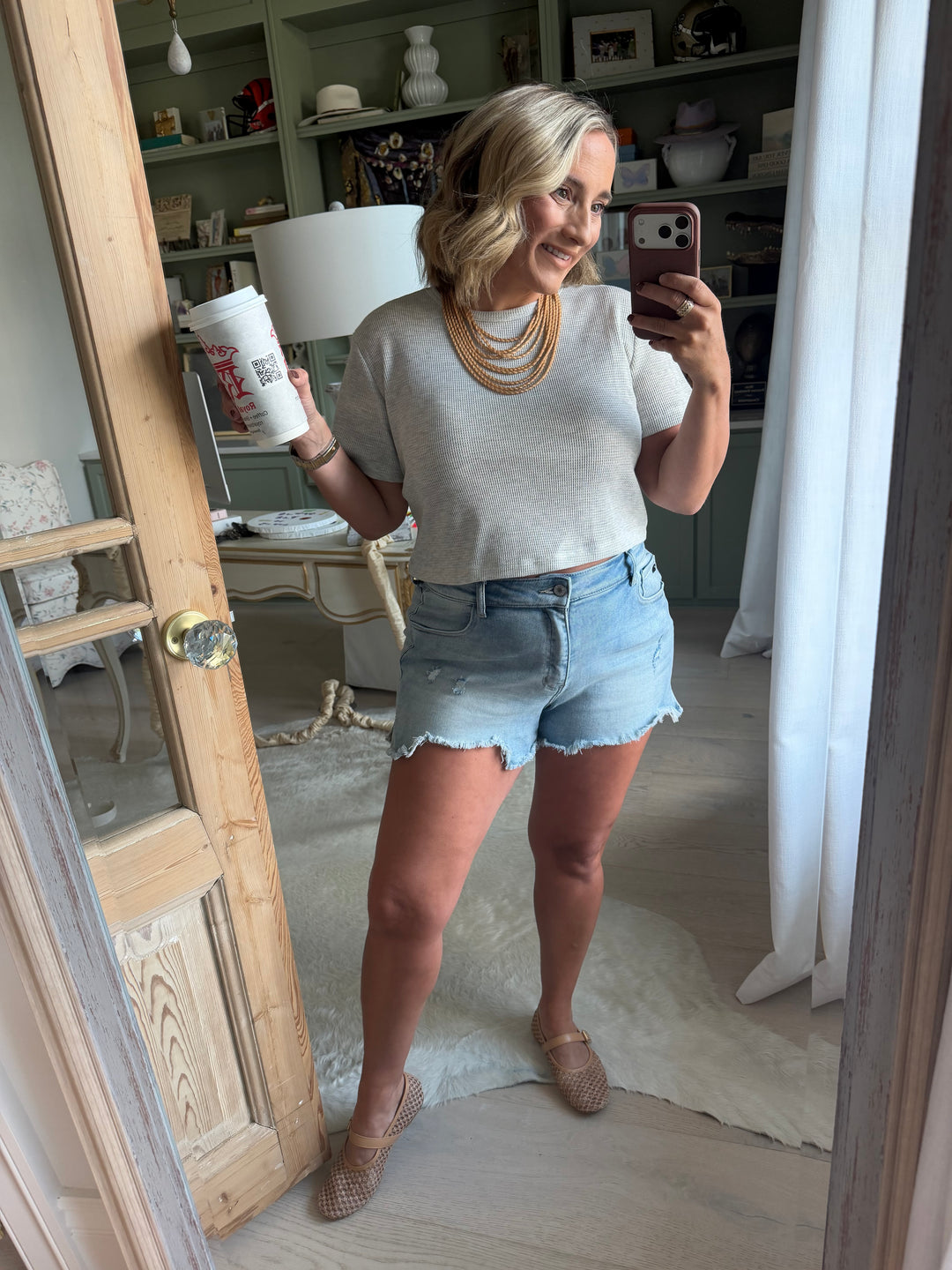 Shary Waffle Fabric Round Neck Short Sleeve Tee