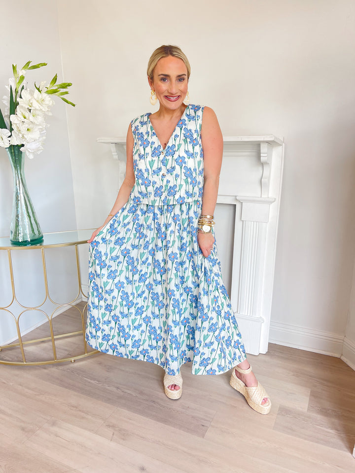Victoria Floral Print Midi Skirt Blue Multi