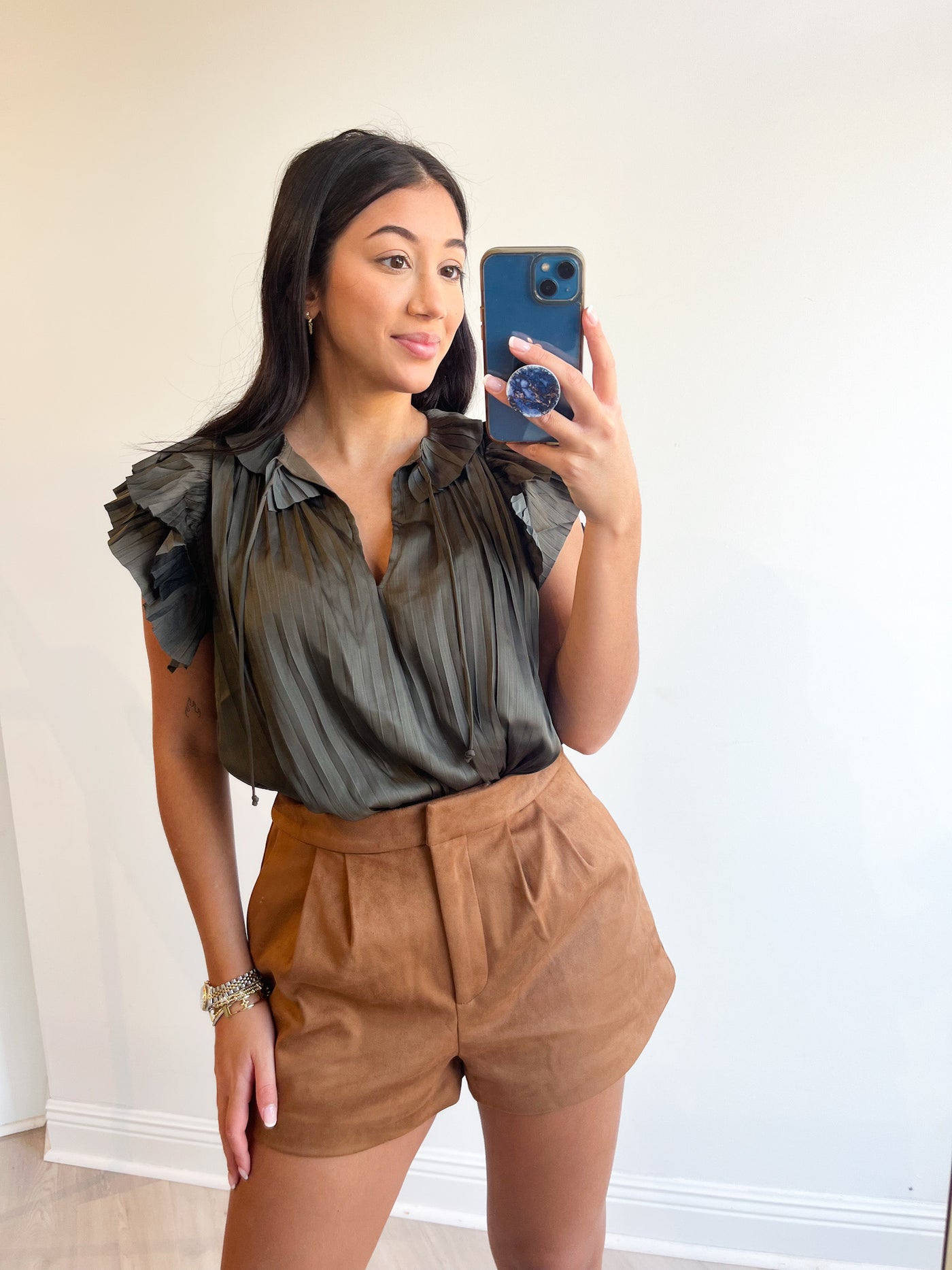 Adele Pleated Flowy Top Olive