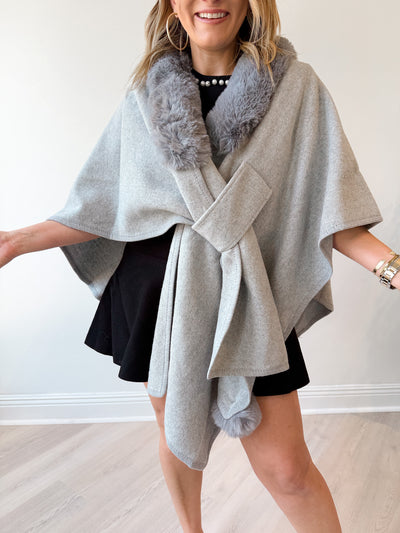 Plush Vegan Fur Trim Ruana Gray One Size