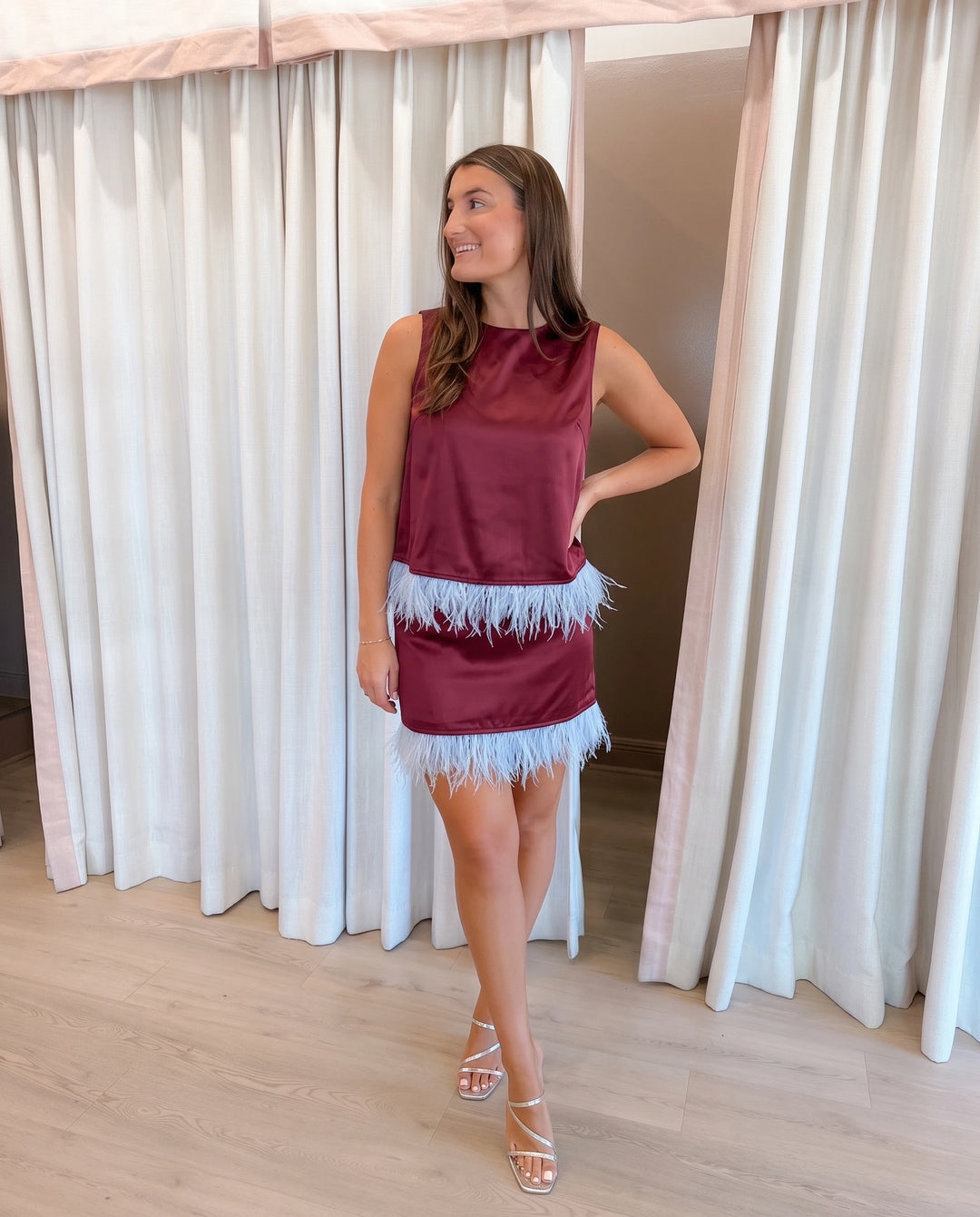 Sloane Satin Feather Trim Sleeveless Top