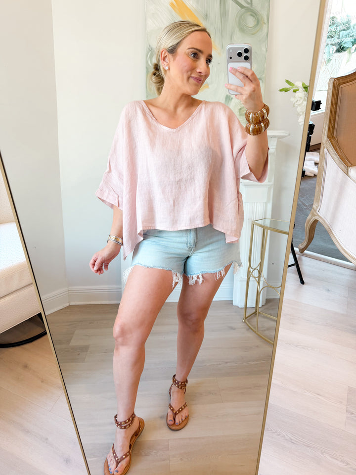 VNeck Linen Dolman Sleeve Crop Top BLUSH