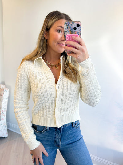Evelyn Cable-Knit Collared Cardigan Cream