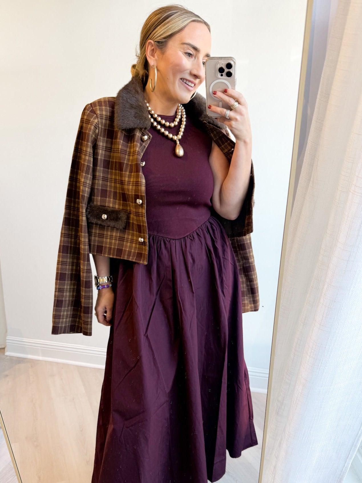 Moody Plaid Fur Trim Crop Jacket