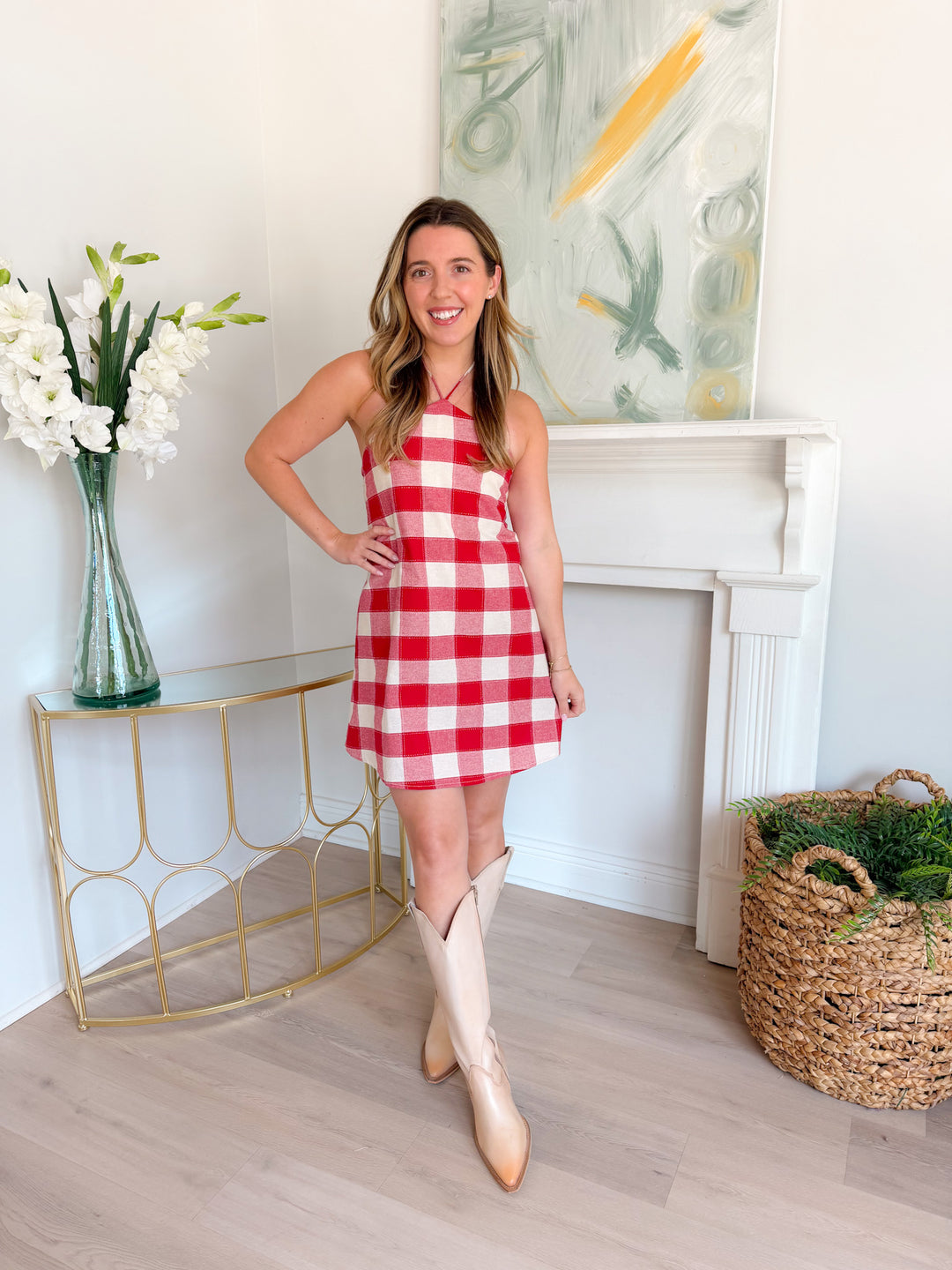 Flora Gingham Halter Romper Dress