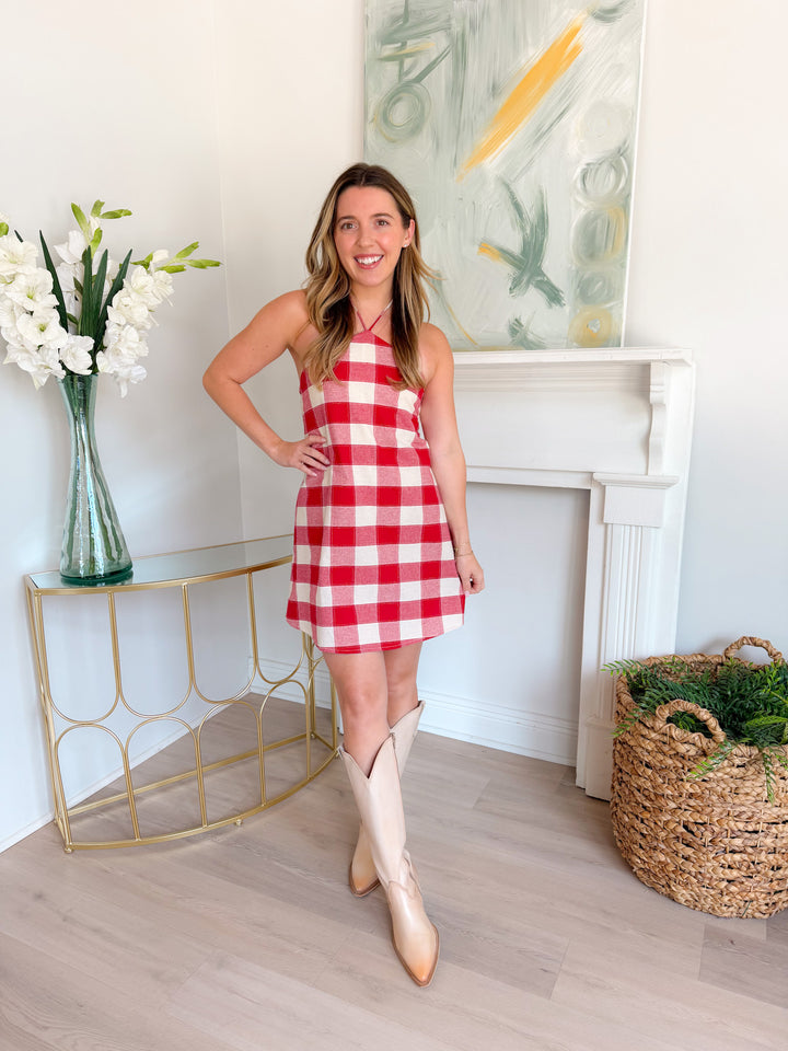 Flora Gingham Halter Romper Dress