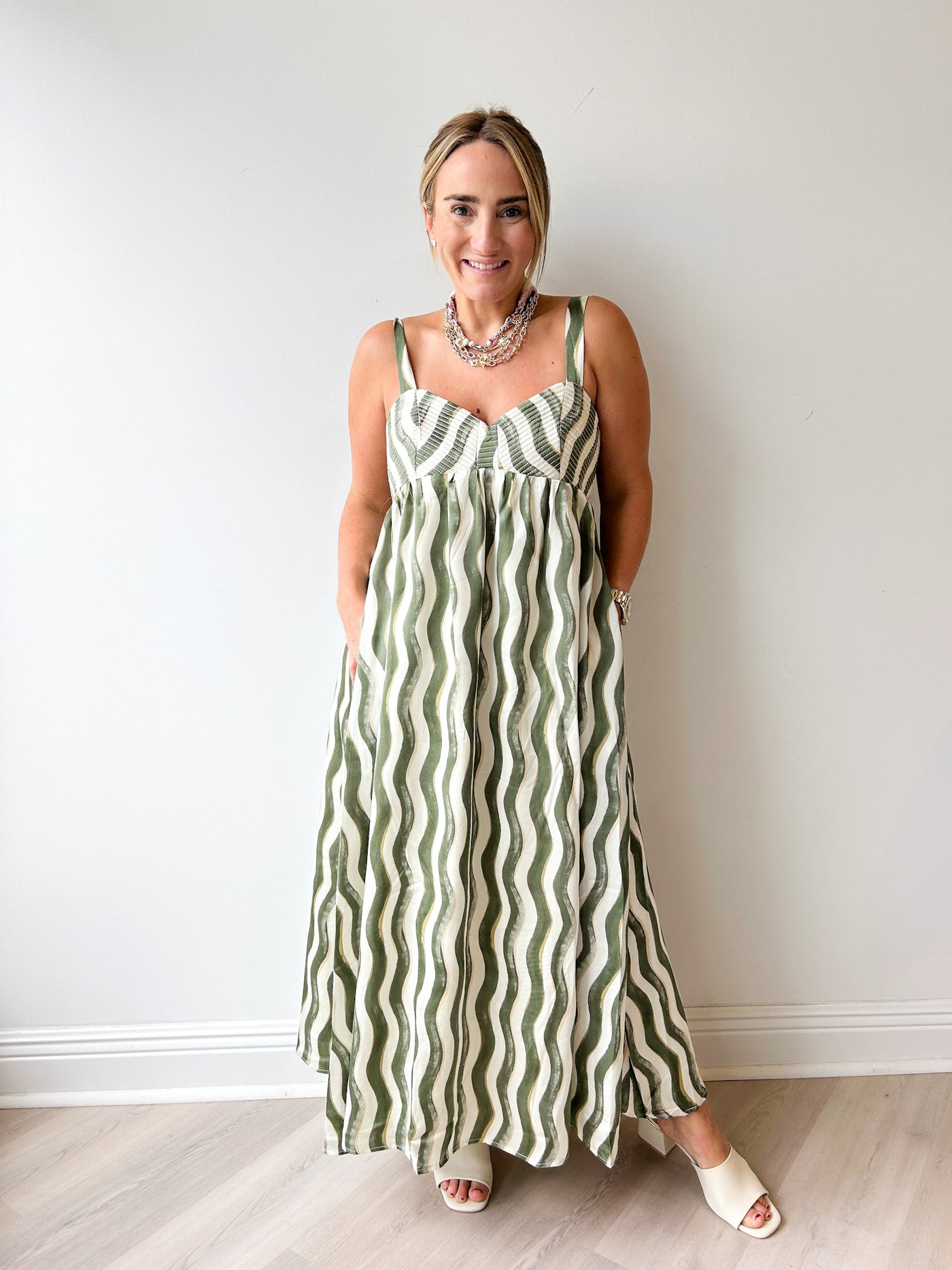 Hailey Satin Midi Dress Olive Cream