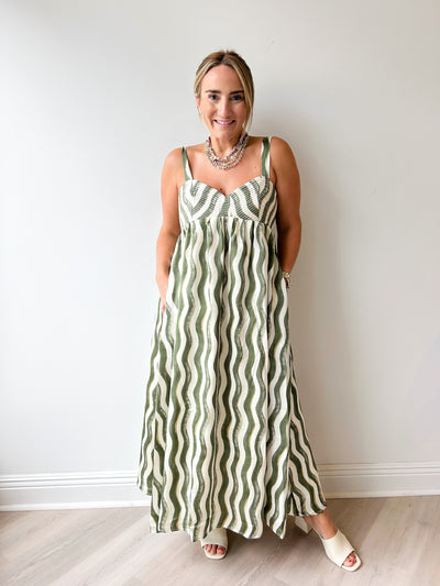 Hailey Satin Midi Dress Olive Cream