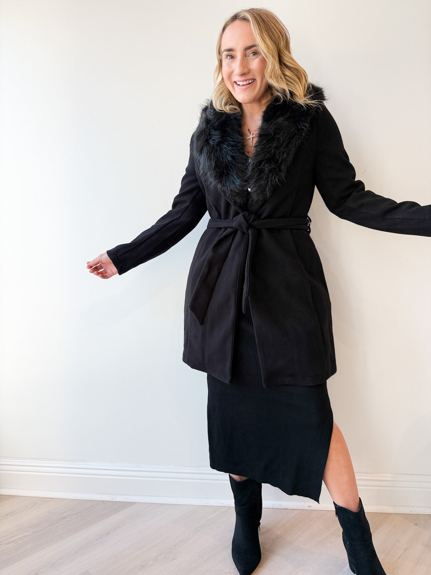 Removable Fur Collar Belted Coat