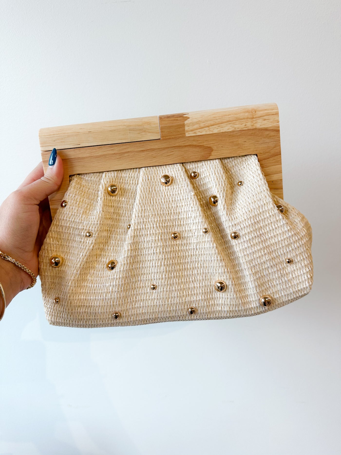 Studded Raffia Crossbody Bag ivory 7.9" x 11" x 4.3"